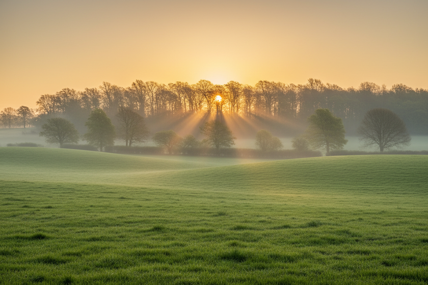 Engelskt landskap med soluppgång