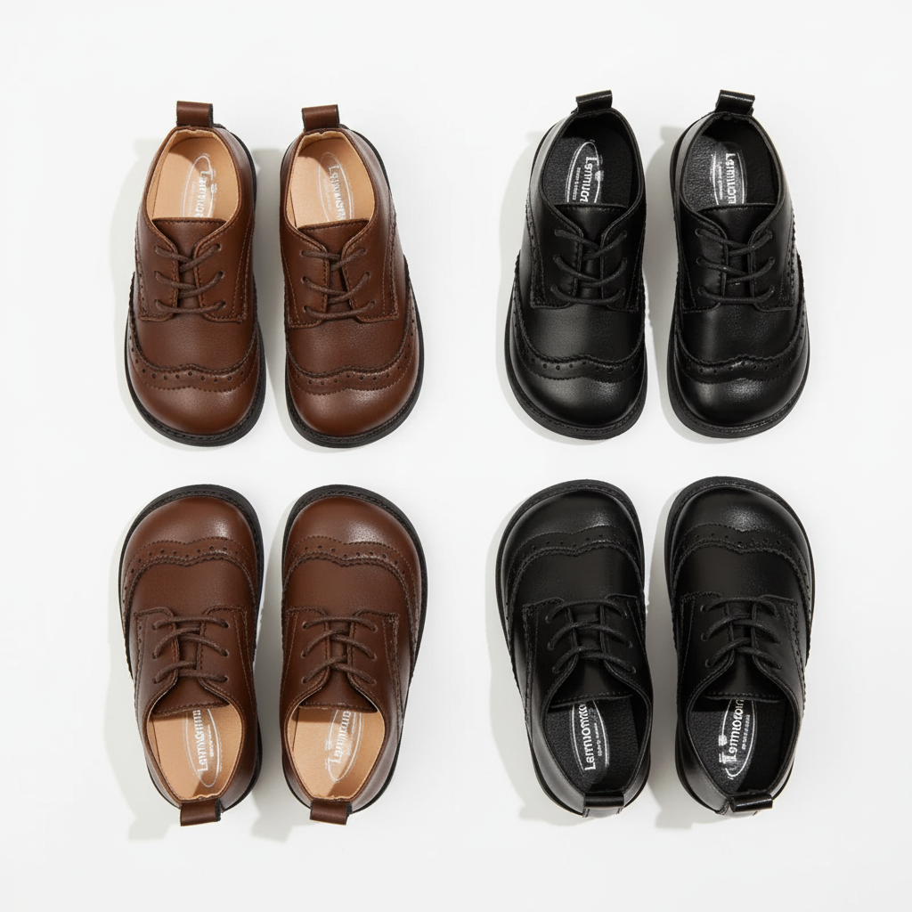 Fyra par brogue-skor mot vit bakgrund