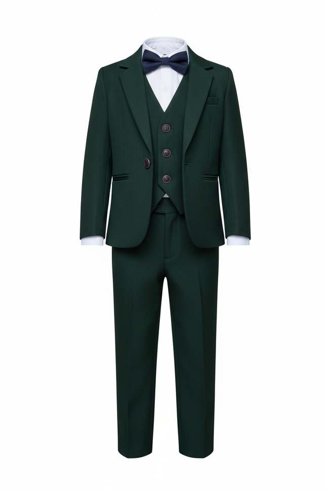 Mörkgrön kostym framifrån mot vit bakgrund
