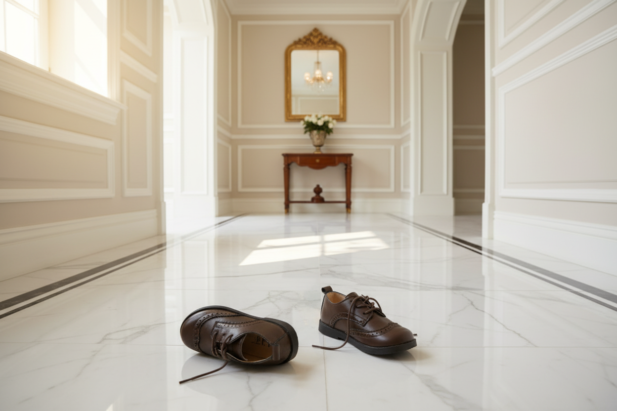 Ovanifrån-vy av skor i marmorhall