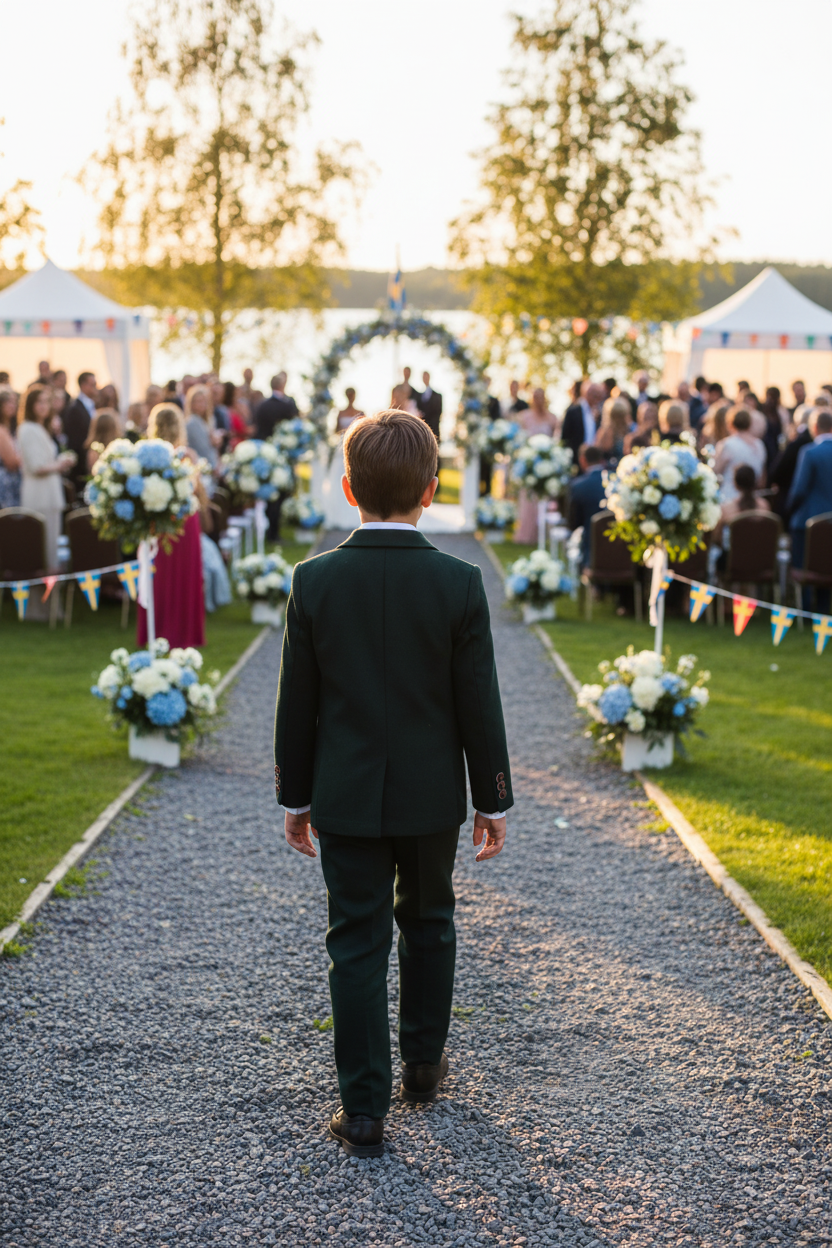 Pojke i grön kostym bakifrån på väg till bröllop