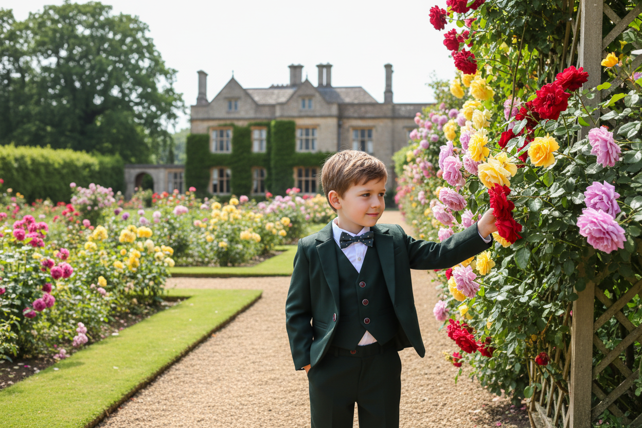 Pojke i grön kostym i brittisk miljö