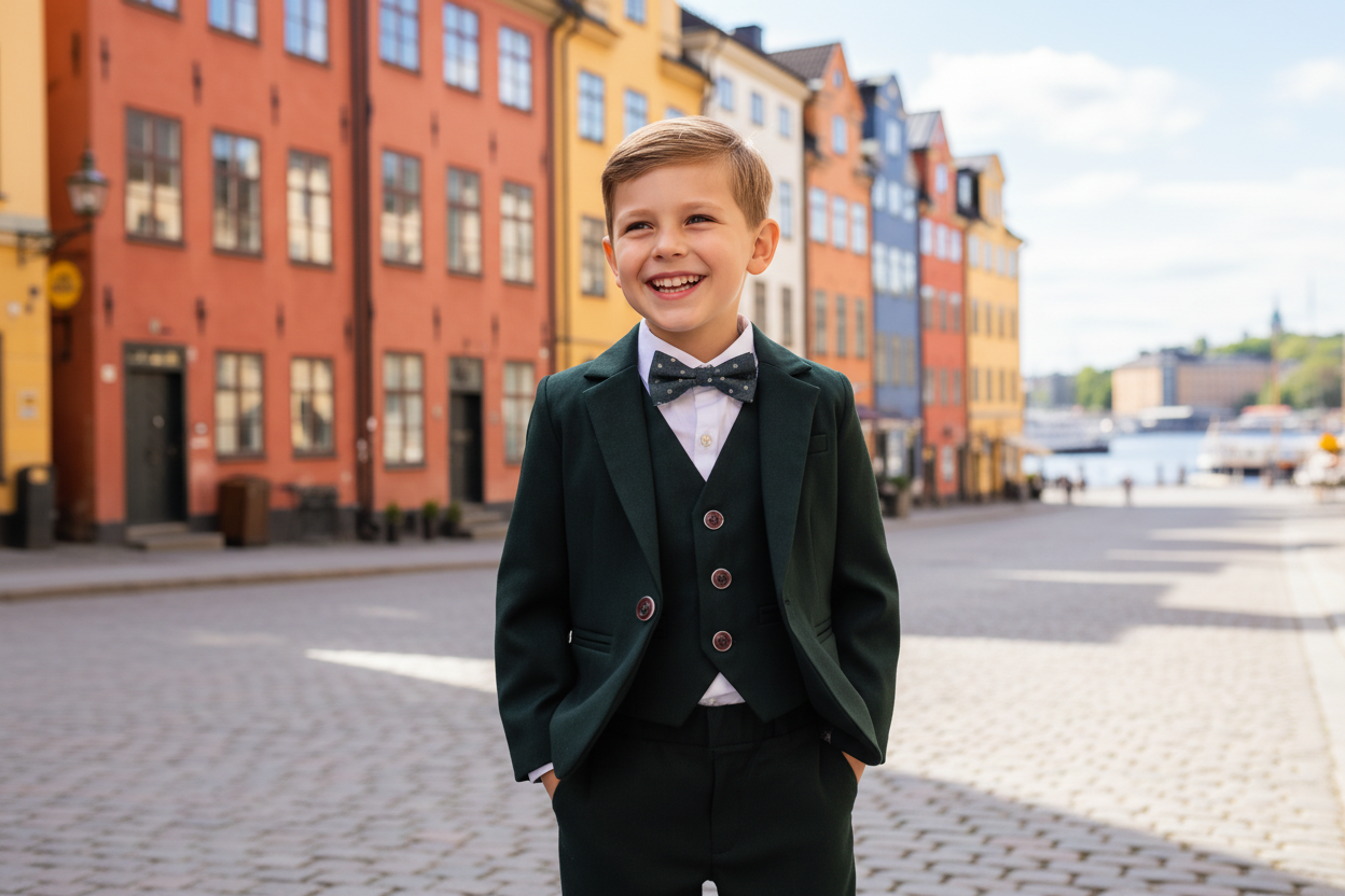 Pojke i grön kostym i Stockholm