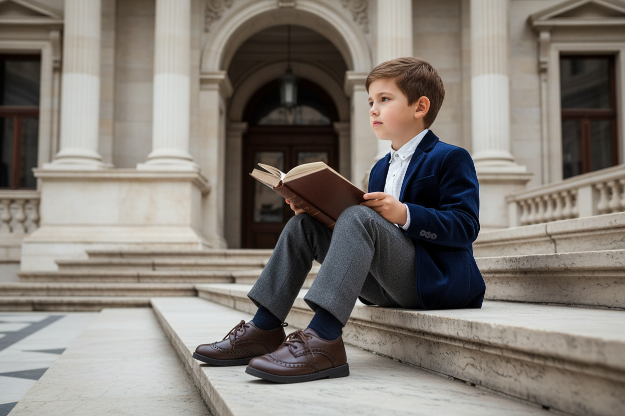 Pojke läser på bibliotekstrappa
