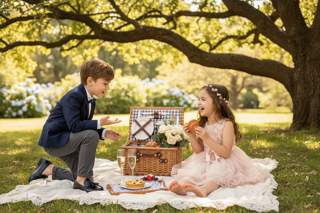 Pojke och flicka har picknick