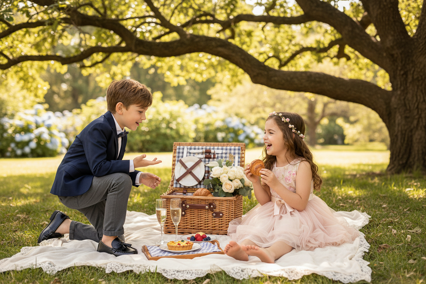 Pojke och flicka har picknick