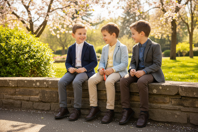 Tre pojkar på mur i park