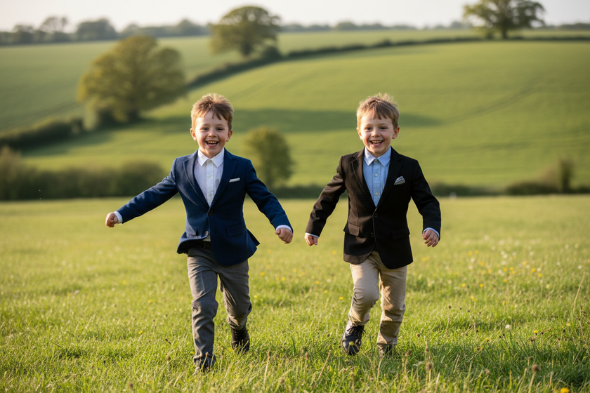 Två pojkar i blazer springer över fält